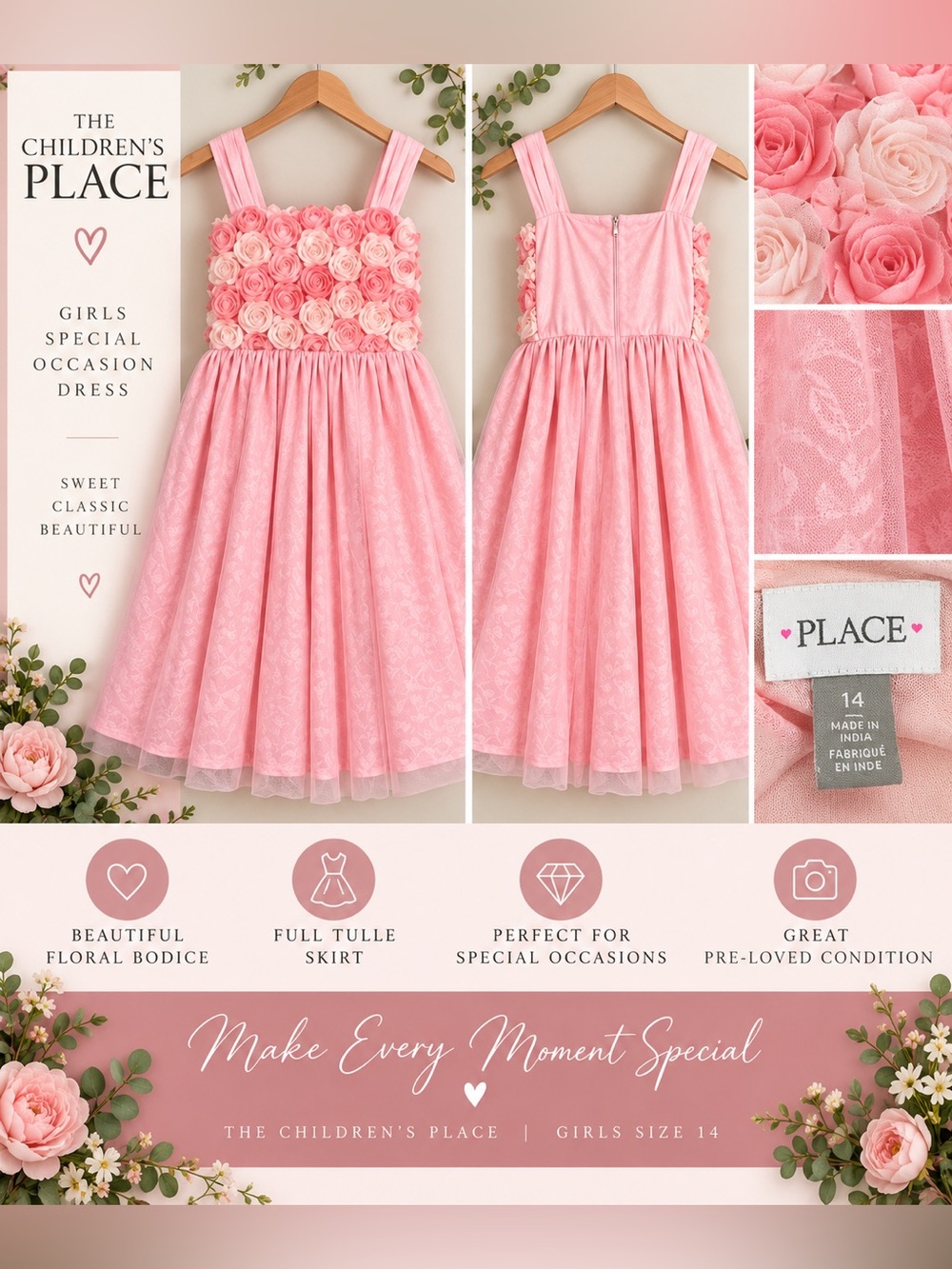 The Children's Place Pink Floral Rosette Tulle Party Dress